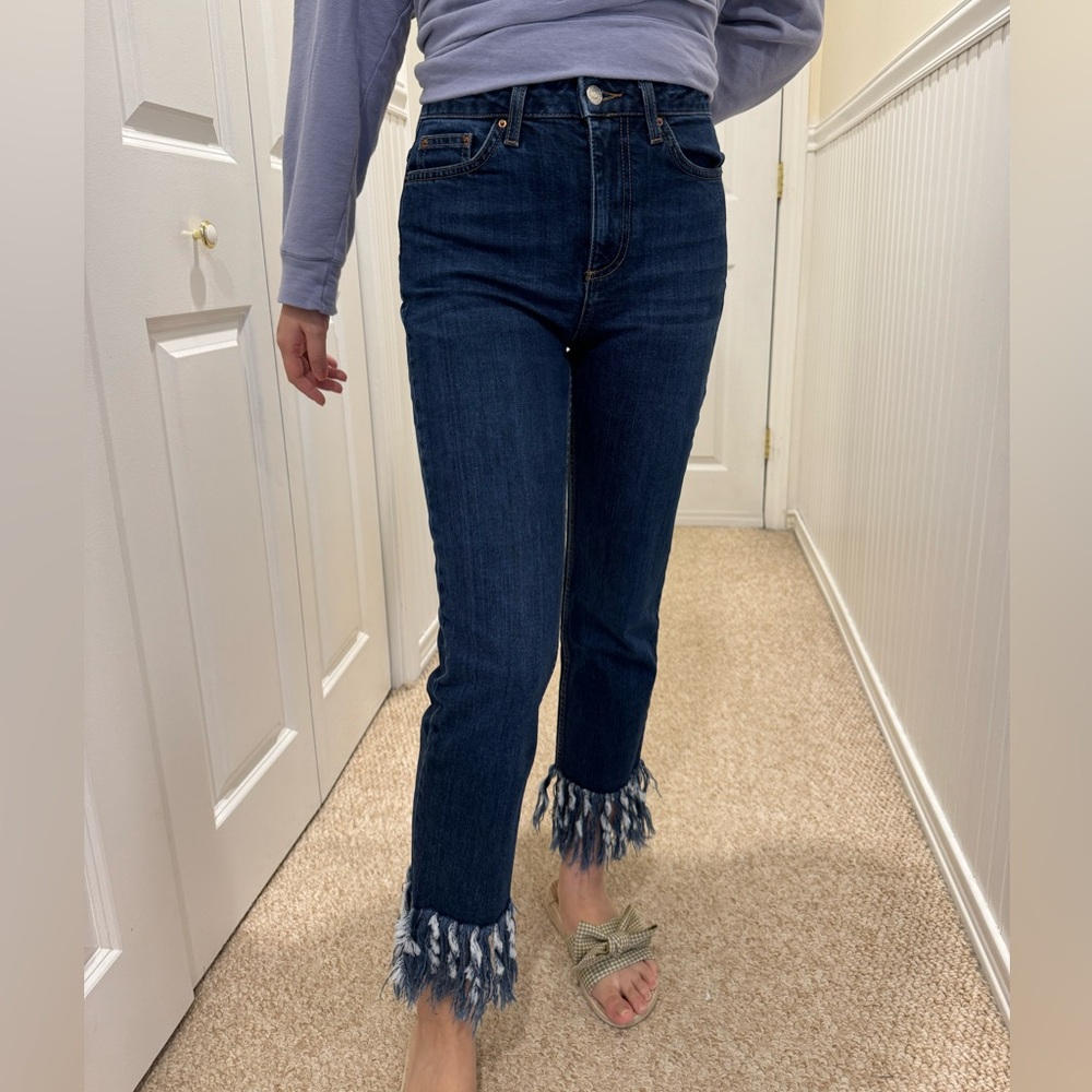 Topshop Dark Blue Fringe Hem Jeans